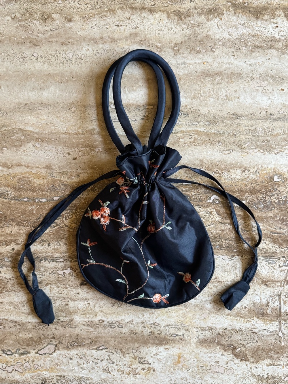 Black Floral Embroidered Drawstring Clutch